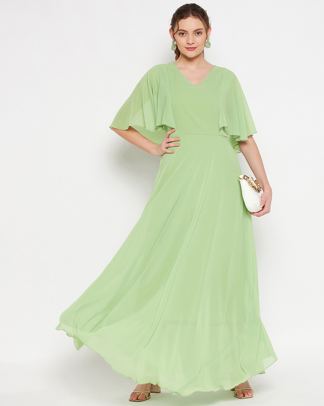 Light Green Embroidery Work Maslin Cotton Long Gown