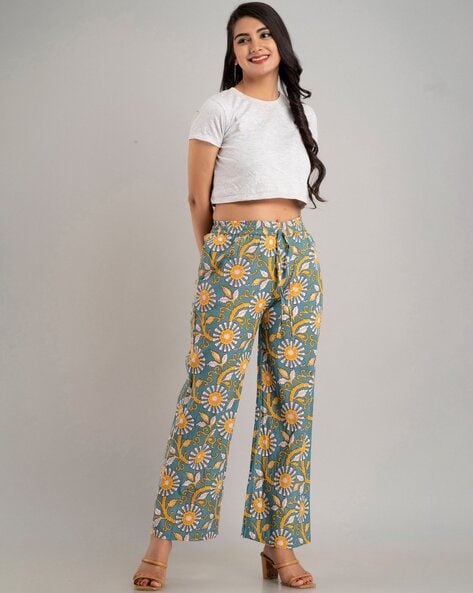 Women Pink & White Floral Printed High-Rise Waist Wide-Leg Regular Trousers  - Berrylush