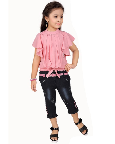 Girls Summer Self Design Top With Jeans 2 Pcs Set – TrendyKid