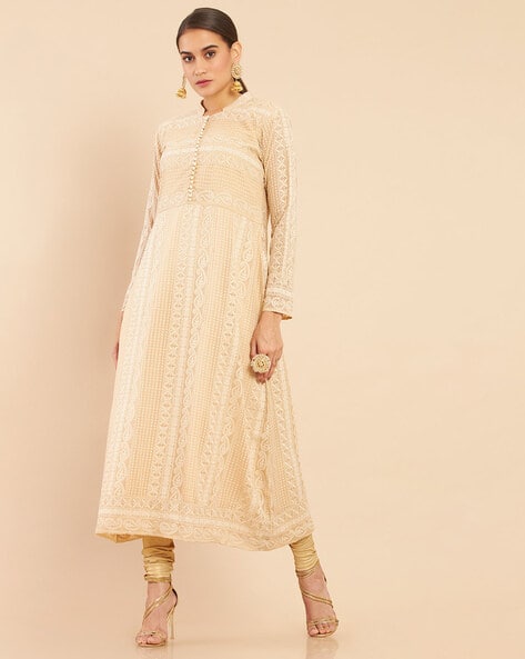 Yellow & Beige Paisley Printed A-line Kurta