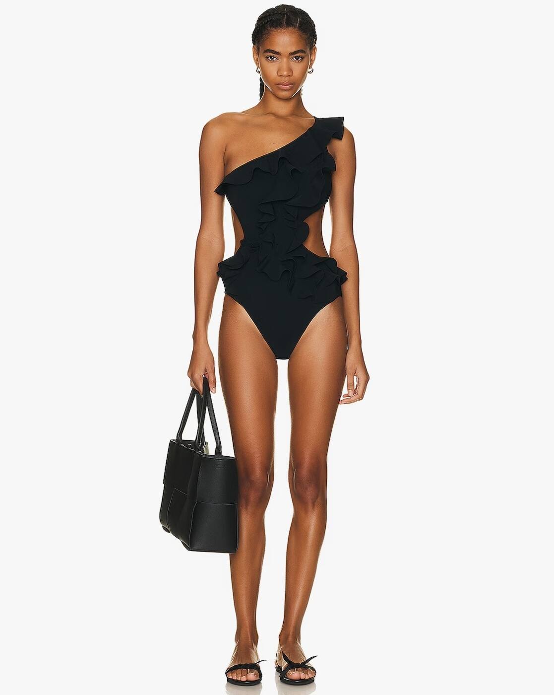 Buy Zimmermann Devi Ruffle One-Shoulder Swimsuit | Black Color