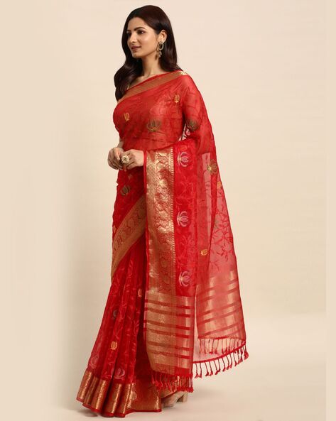 Indian Women Embroidered Saree with Tassels