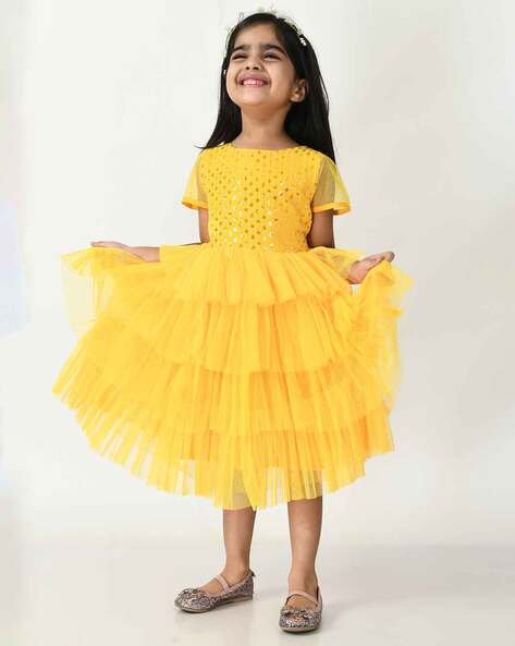 Golden Yellow and Red Combo Babygirls Silk Frock – Stanwells Kids