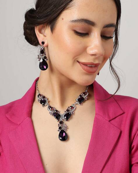 Wholesale Women Fashion Exaggerated Multicolor Rhinestone Earrings Necklace  Set