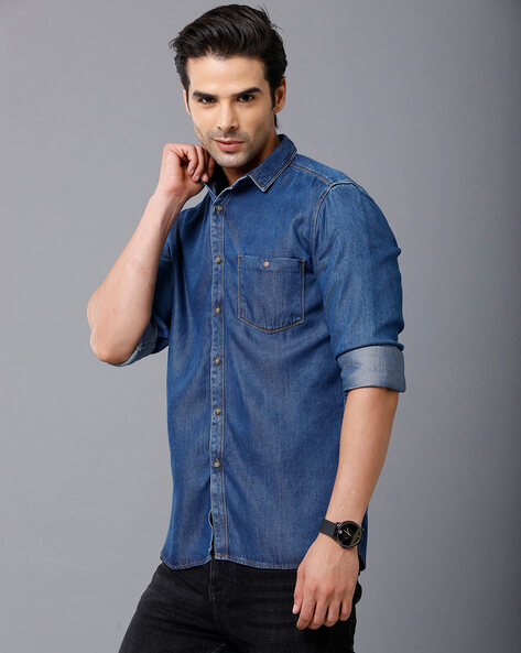 18+ Men's Denim Cutaway Collar Slim Fit Full Sleeve Casual Shirt Faded  Black Small : Amazon.in: Clothing & Accessories