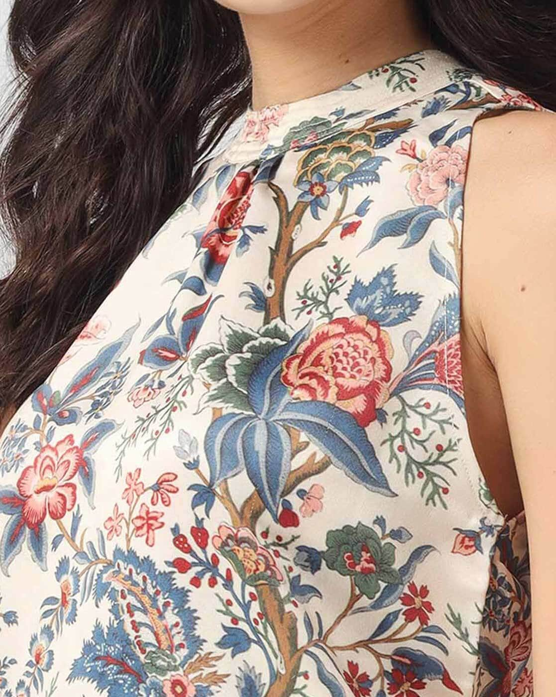 Beige Sleeveless Floral cotton Top – Jilmil