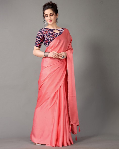 Peach Pink Plain Ready to Wear Silk Saree WITH BLOUSE - WHITE FIRE - 3844616