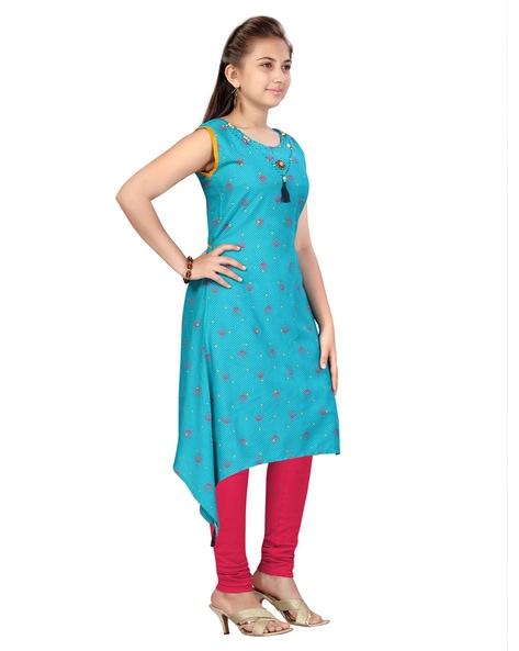 stylish rayon fabric turquoise firozi colour sideslits kurti with hand work