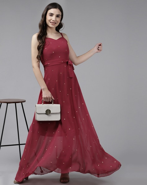 Buy VESFRITA Wine Colour Gerogett Dress with Belt Georgette Western Solid Long  Gown Dress (Wine) Online at Best Prices in India - JioMart.
