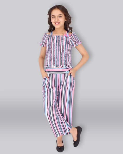 Striped Pants Top Set with Cold Shoulder