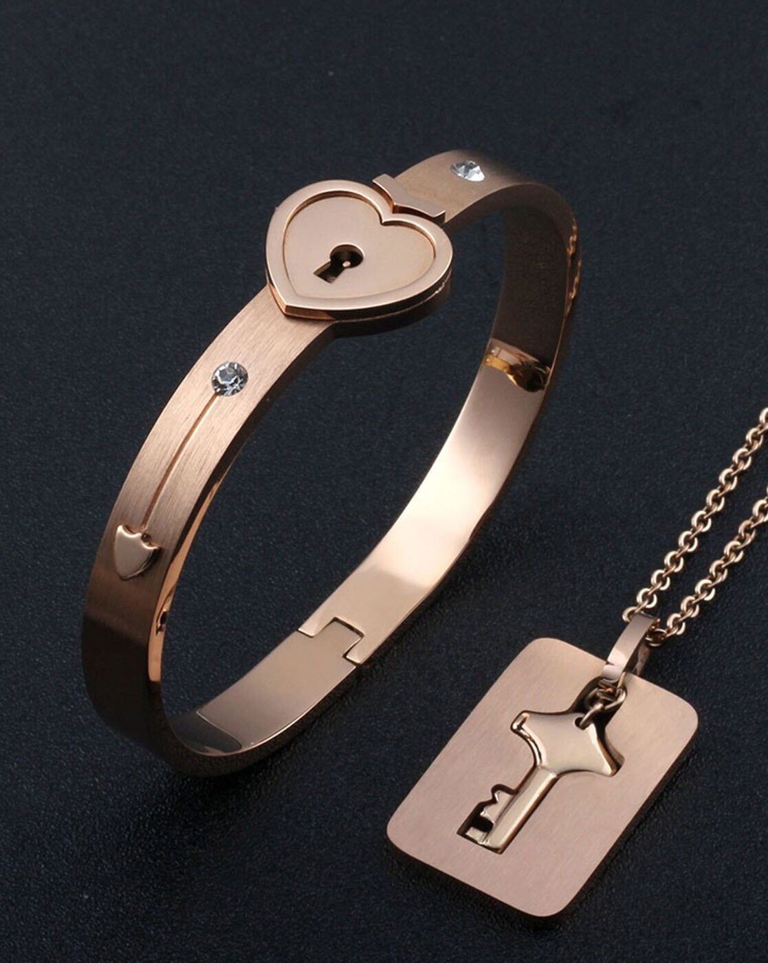 Heart Love Lock Bracelet with Lock Key Pendant Titanium Steel Bangle  Necklace Couple Sets Gift
