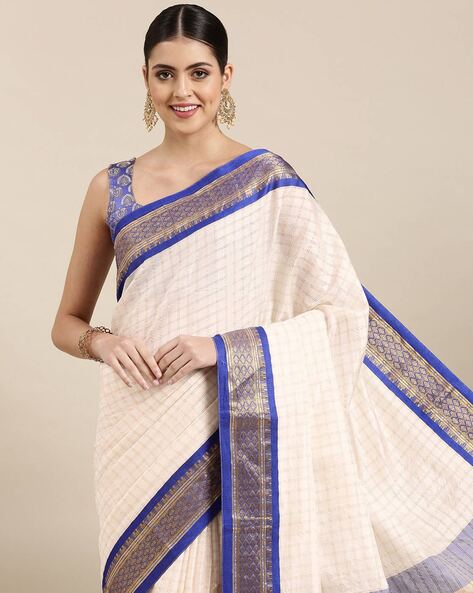 Love Saree For Women And Girls Khadi Cotton In Blue And White Color  Combination Best Quality For Everyday Use