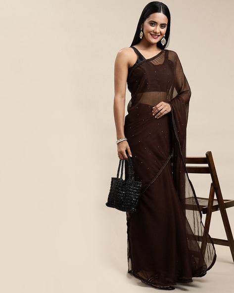 Designer Brown Color Velvet Chiffon Saree