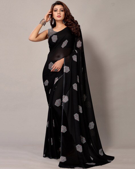 Black Embroidered Georgette Saree - Urban Womania