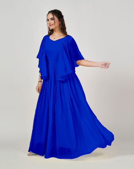 Dark Blue Round Neck Anarkali Style Long Sleeves Gown