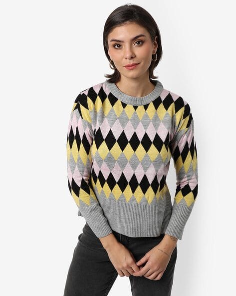 Womens Sweaters Yellow Argyle Sweater Argyle-Knit Round-Neck Pullover