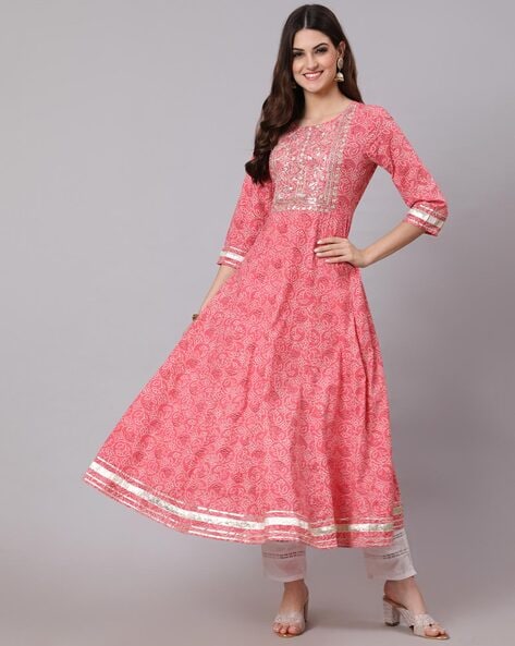 Peach Floral Printed Angrakha Style Anarkali Kurti with Palazzo in...
