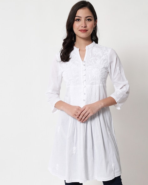 Buy Seva Chikan Hand Embroidered White Cotton Lucknowi Chikankari Kurta  Kurti for Womens -(4126_White_XS) at Amazon.in
