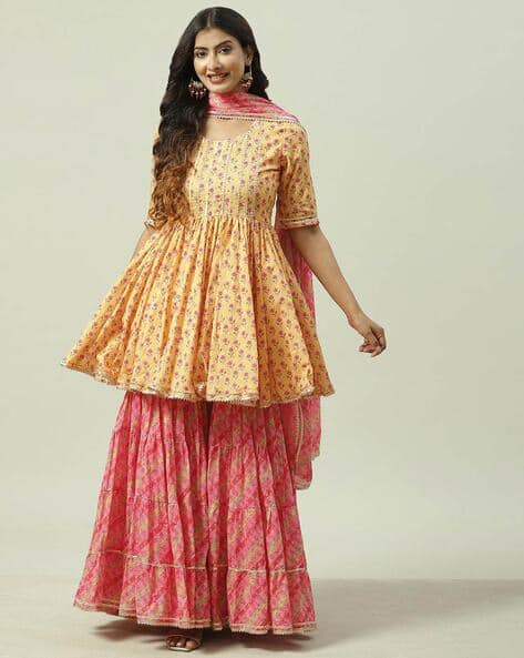 Biba Floral Print Flared Kurta Suit Set with Dupatta