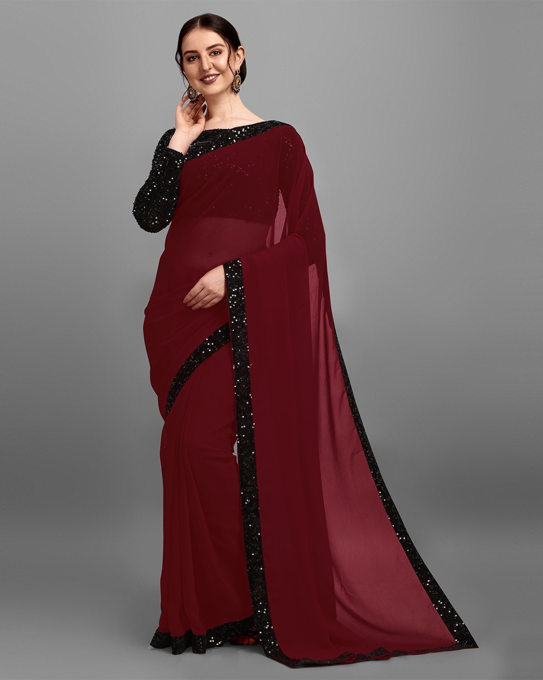 Buy Black and Maroon Digital Print Faux Chiffon Trendy Saree : 135182 -