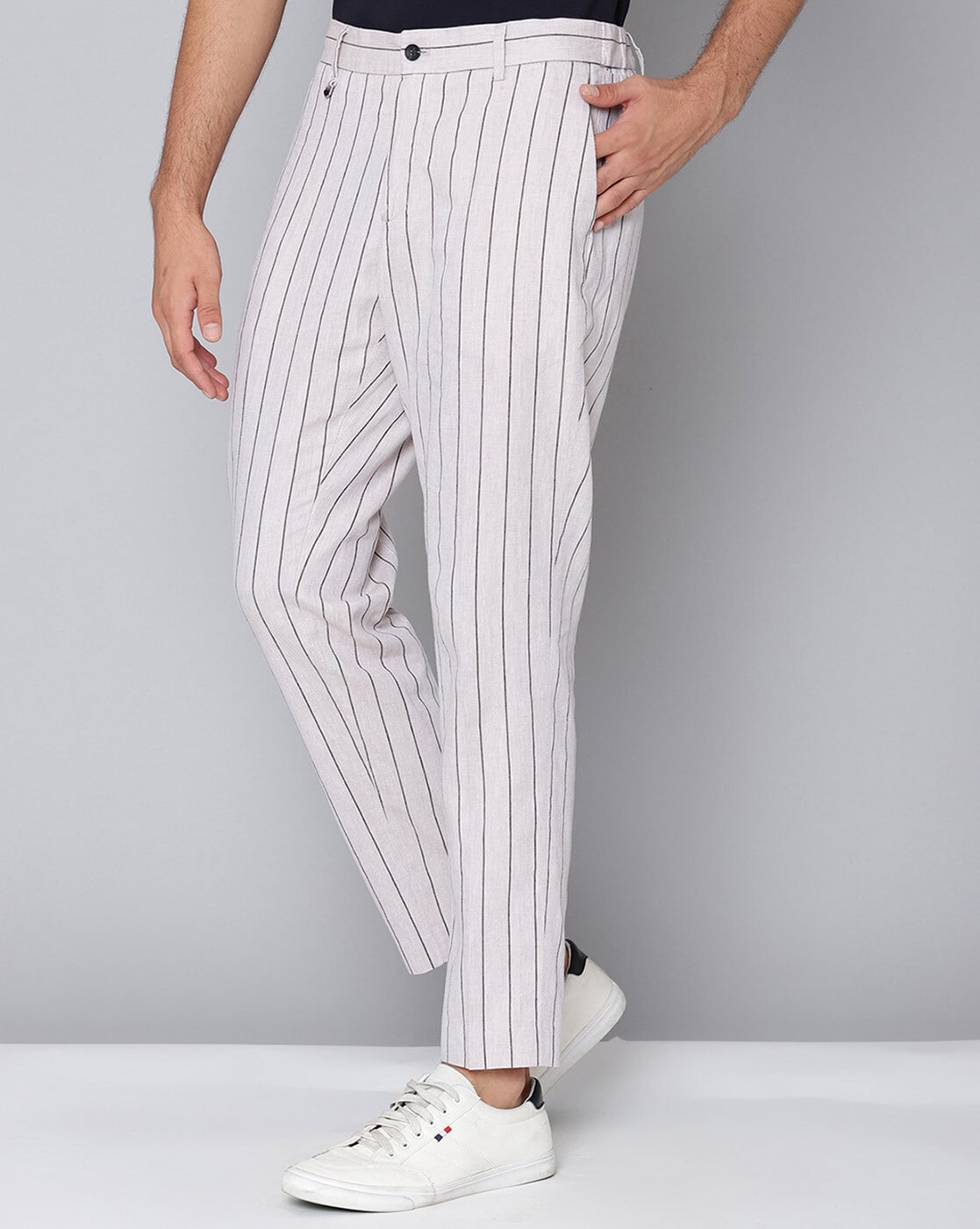 Regular Fit Linen-blend trousers - White/Pinstriped - Men | H&M IN