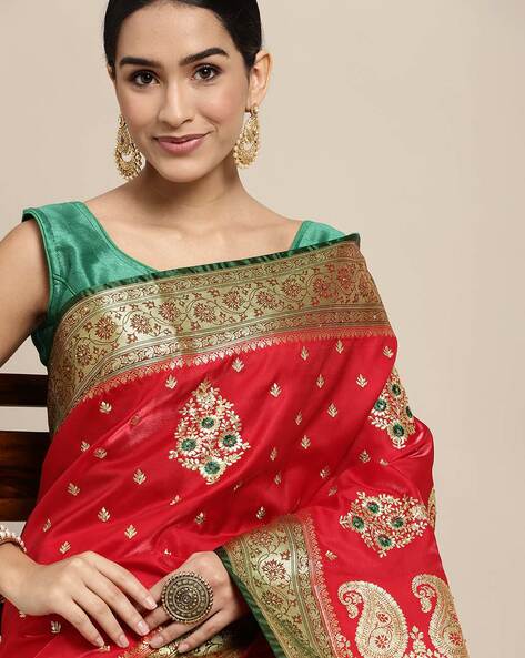 Red Chiffon Saree With Green Brocade Blouse | Best Traditional & Ethnic  Wear at- sagarsaree.com