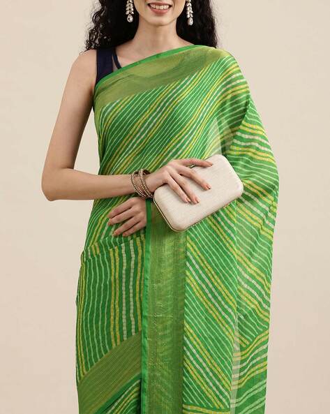 Buy Geroo Jaipur Hand Dyed Green Leheriya Saree online