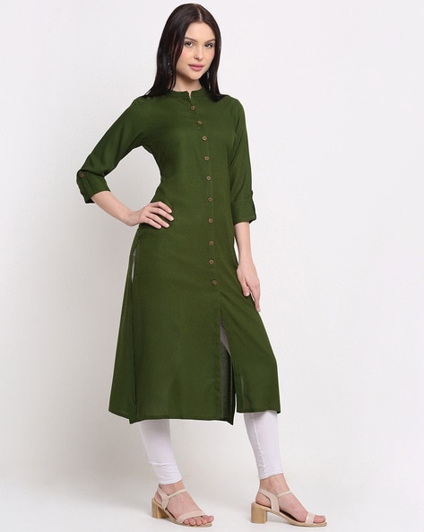 Buy SATRAT Women's Knee Length Cotton Chinese Collar Kurti (Neon  Green_L_42) at Amazon.in