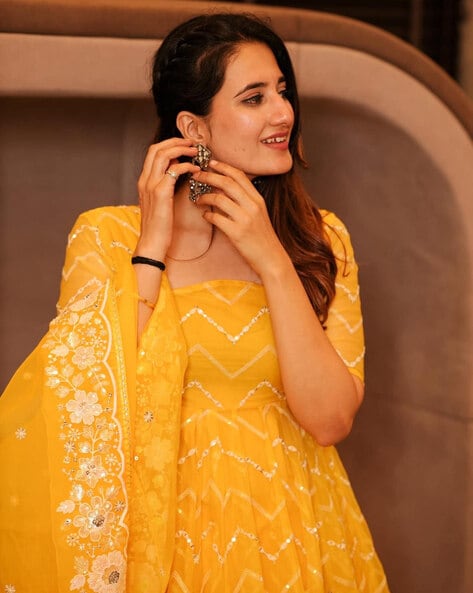 Cotton Printed Sea yellow Anarkali Suit with Dupatta - AS3689