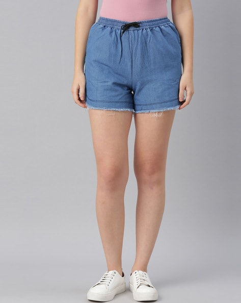 High Rise Button Fly Shorts in Light Mid-Wash - Grace and Lace