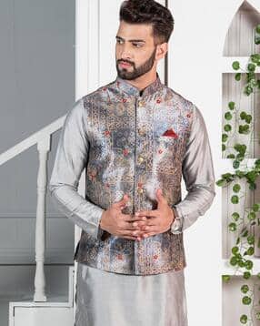 kisah Floral Print Nehru Jacket with Welt Pockets-picture-42