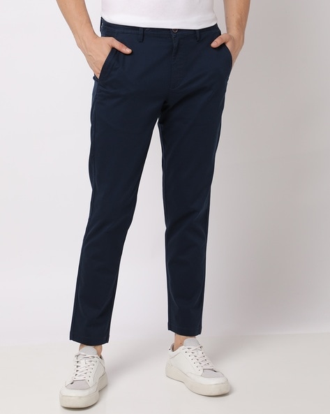 Stylish Navy Blue Cotton Spandex Solid Casual Trouser For Men