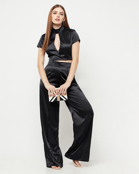 In The Style exclusive satin wide leg trousers in black | ASOS