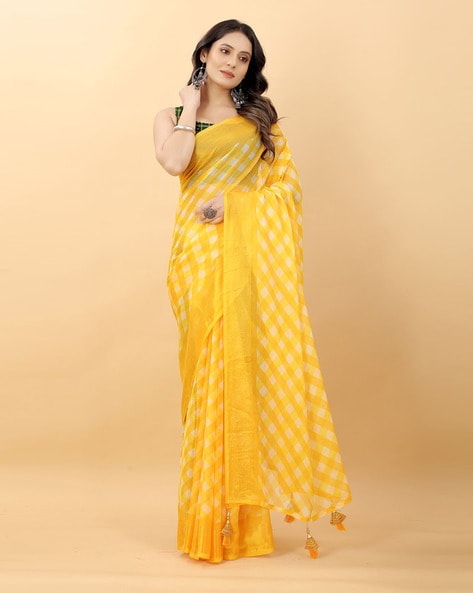 Yellow & White Embroidered Border Saree– Inddus.in