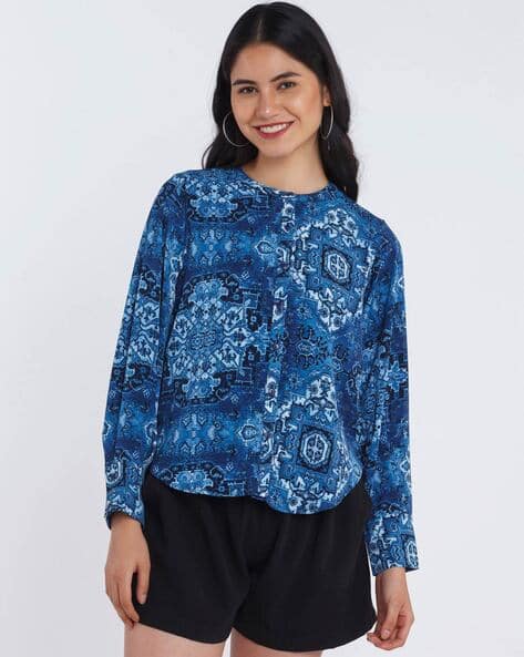 Zink London Printed Shirt with Mandarin Collar