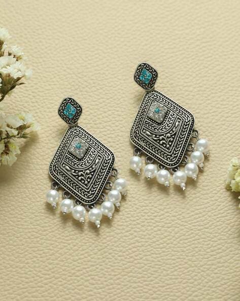 Women Oxidised Silver Plated Blue Stone Studded Square Shaped Drop Earrings