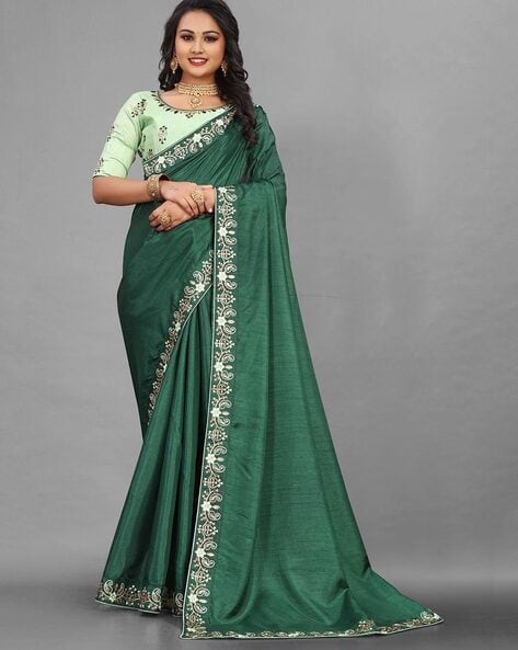 Deep Green Designer Silk Saree with Contrast Embroidered Blouse | Saree  designs, Bottle green saree, Fancy sarees