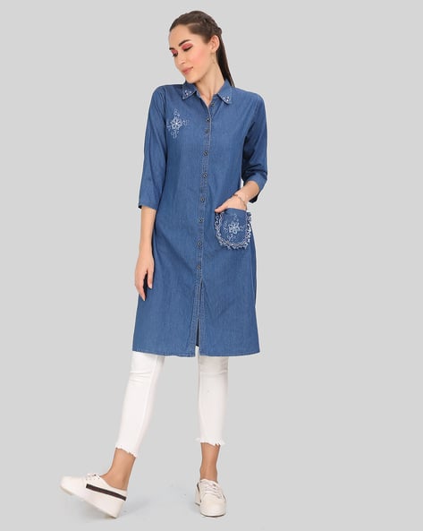 CEFALU Denim Straight Kurta with Patch Pocket