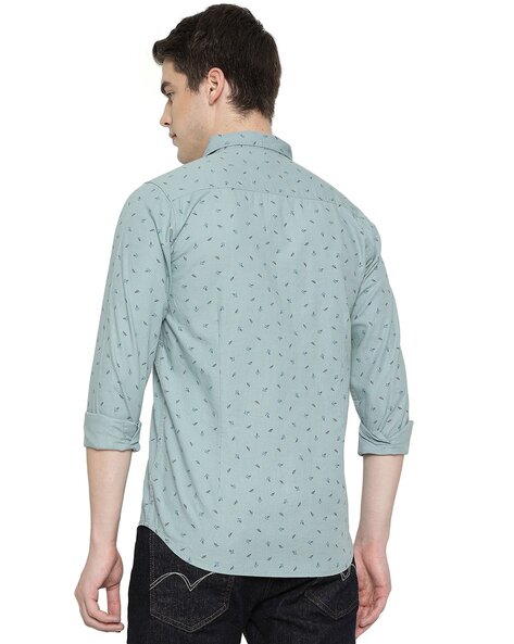 7 Alt by Pantaloons Teal Cotton Slim Fit Printed Shirt