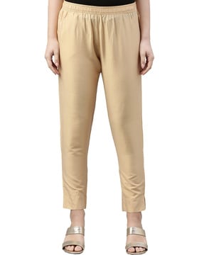 Go Colors Women Solid Ecru Viscose Mid Rise Casual Pants - Beige (L/XL)