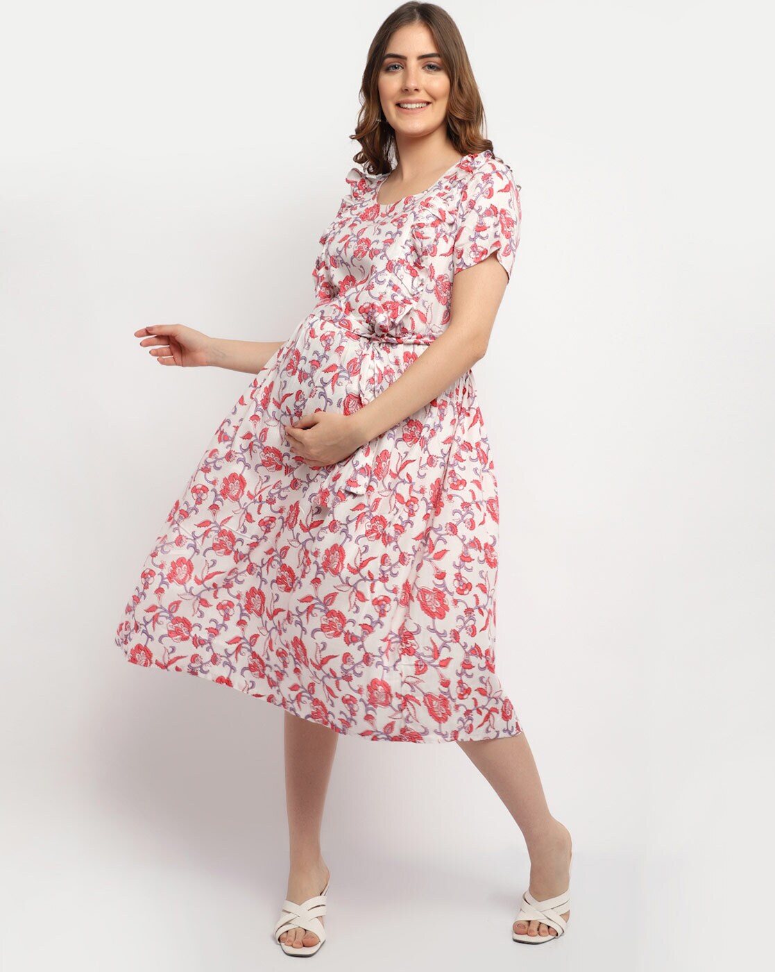 Leaf Print A-line Dress with Tie Up Waist