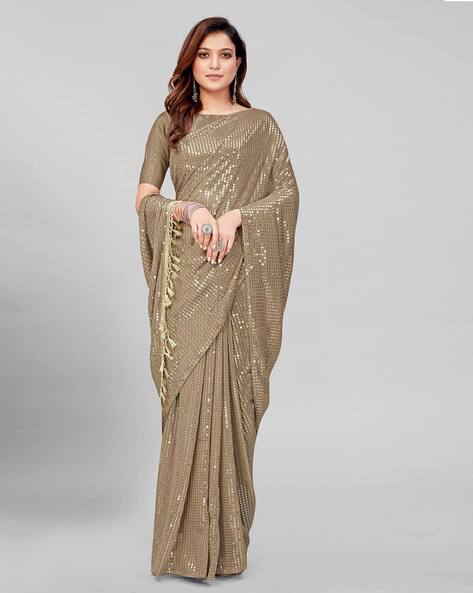 Amazon.com: ETHNIC EMPORIUM Designer trendy Net fringe & Sequin saree Girls  college theme party sari blouse RS (beige) : Clothing, Shoes & Jewelry