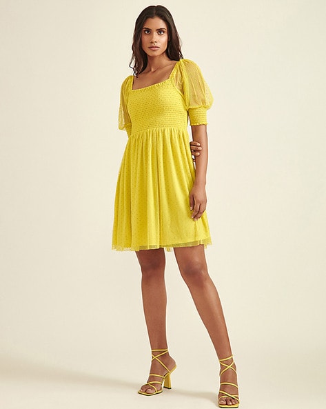 Square neck 2024 yellow dress