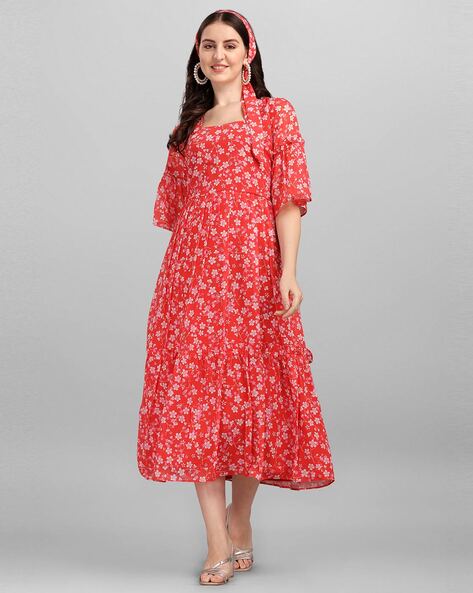 Red printed fit and flare long dress by The Anarkali Shop