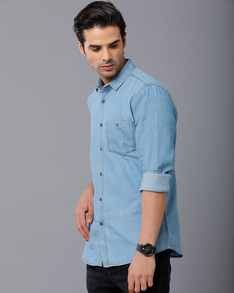 Plain Men Blue Denim Shirt, Regular Fit at Rs 279 in New Delhi | ID:  2848953685655