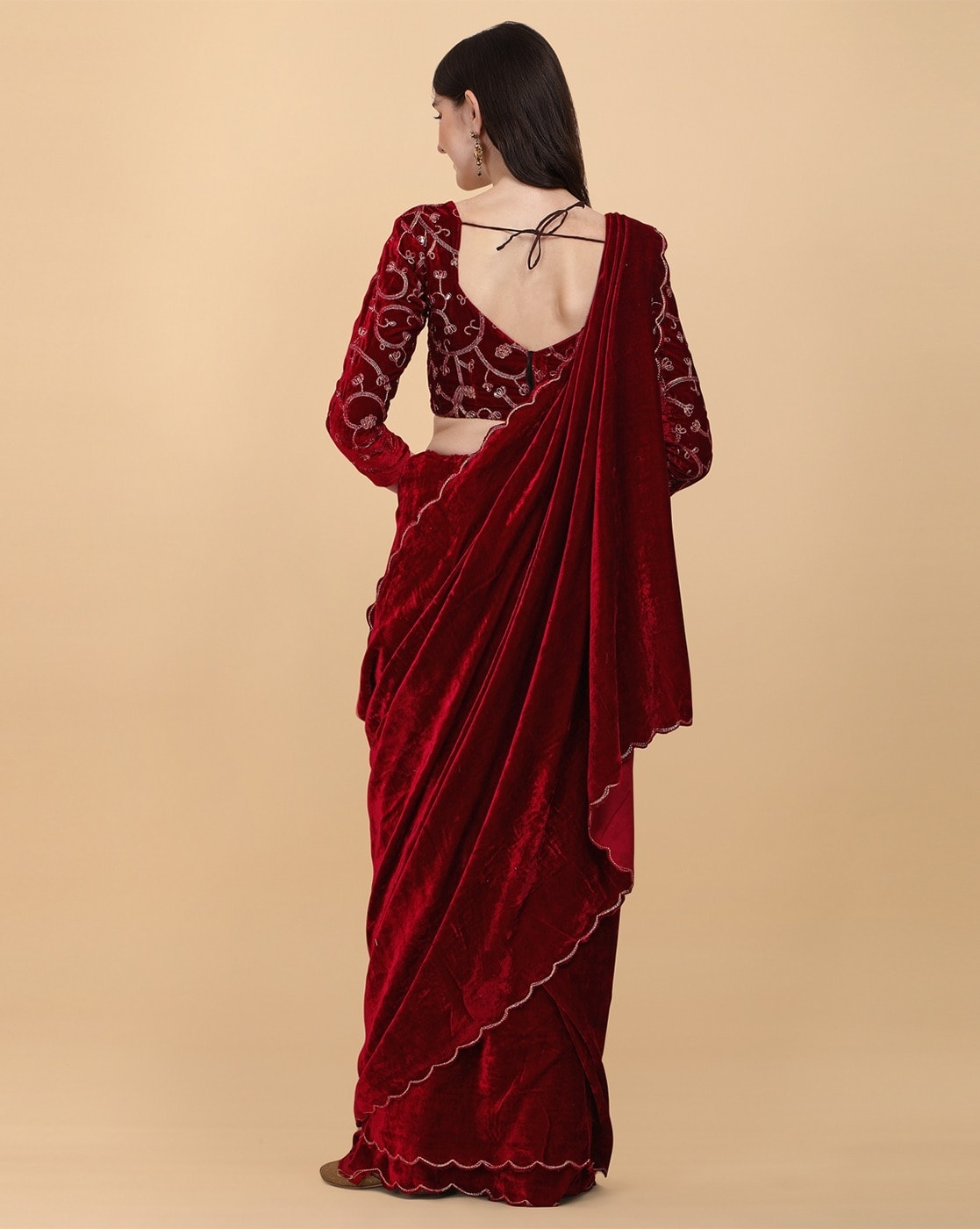 Buy Burgundy Red Net Pleated Saree with Sequin Embellishments