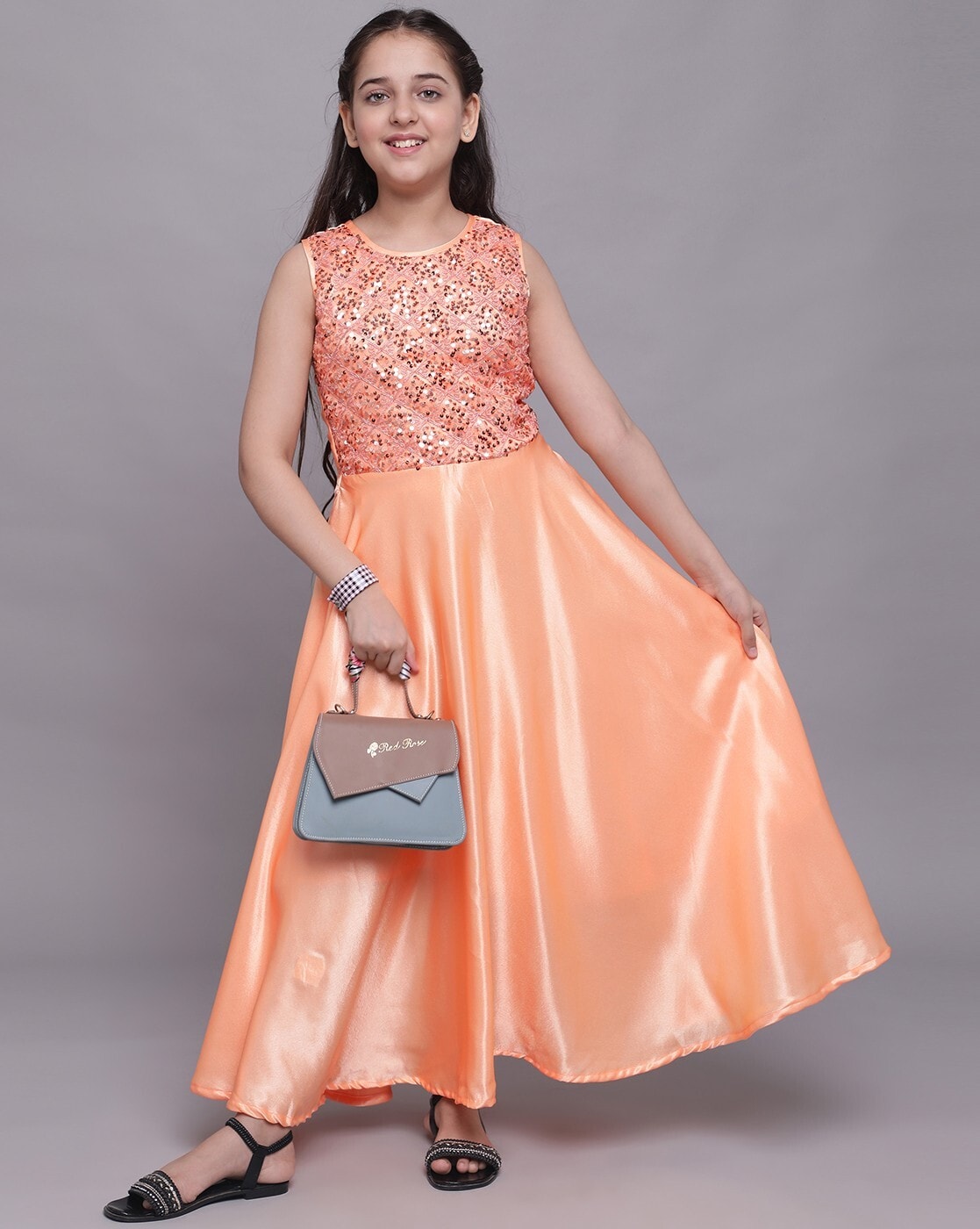 Girls Orange Crinkle Tiered Dress (4-13yrs) - Matalan