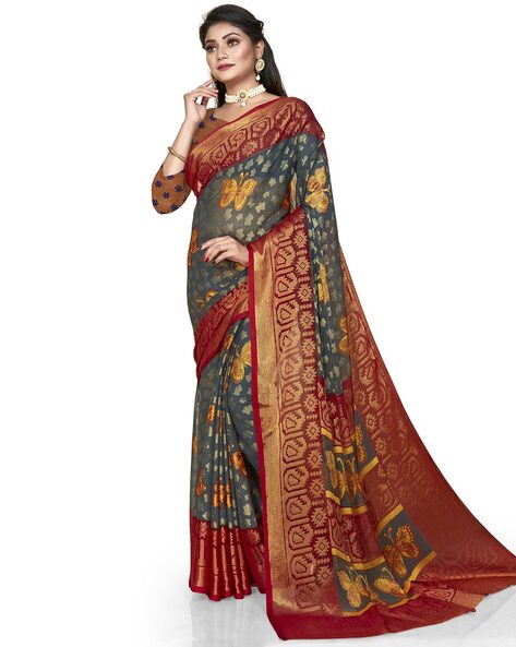 Georgette Printed Saree with Attached Crepe Blouse Online- dvz0003475