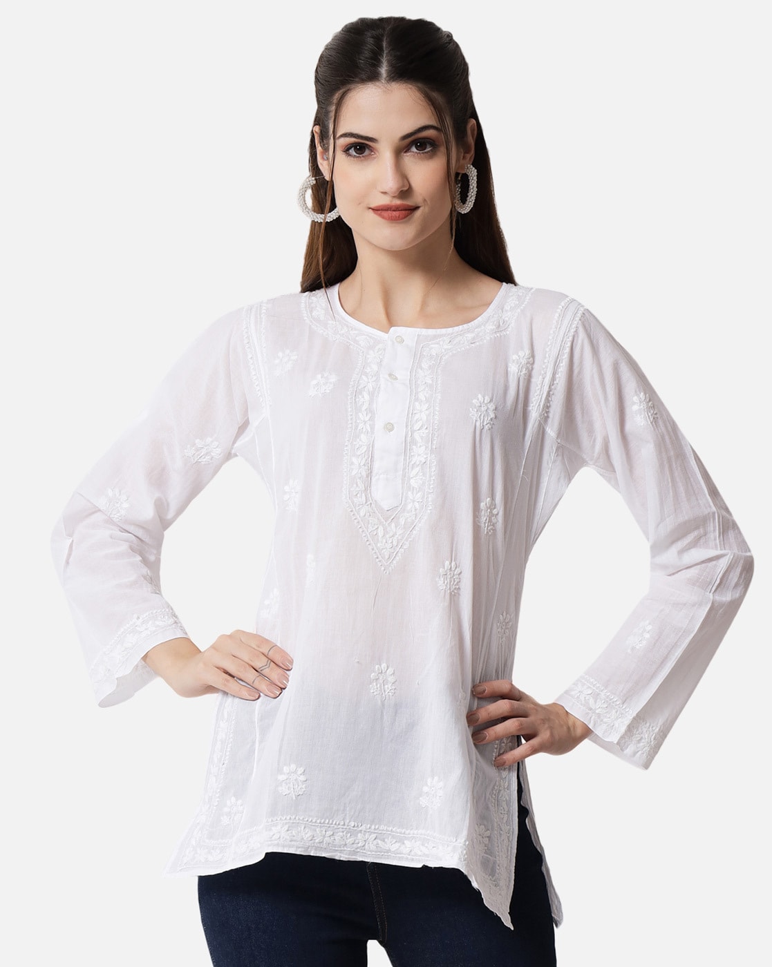 Buy White Embroidered Cotton Short Kurta | NC007/PSKY25 | The loom