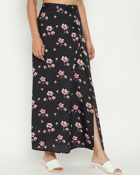 Black Floral Wrap Skirt